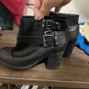 Womens black leather buckle booties